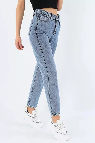 Heidi Kar Mavi Mom Jeans Likralı Yüksek Bel Mavi Kar Yıkamalı Mom Kot Pantolon Likralı Jean