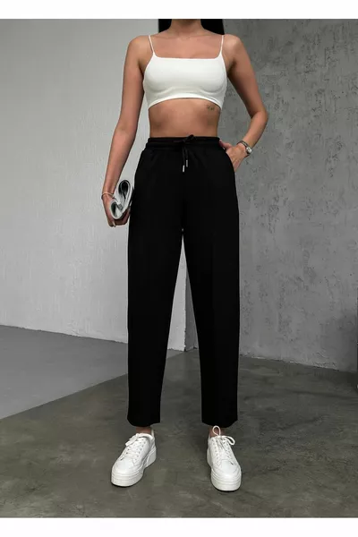 Kadın Siyah Bol Kesim Çımalı Normal Bel Şalvar Eşofman Altı