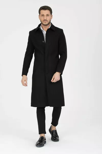 Heren Zwarte Slim Fit Lange Overhemdkraag Jas & Kasjmier Mantel