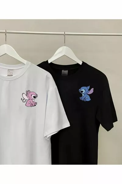 T-shirt Coppia Lilo & Stitch - Maglia Oversize Girocollo Manica Corta con Stampa Bianca e Nera