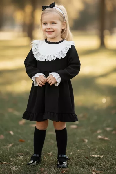 Girl's Ruby Black Long Sleeve Dress with Lace Detail and Ruffled Skirt, with Bandana Set
