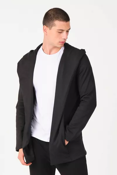 Heren Zwarte Regular Fit Hoodie Lange Poncho Vest