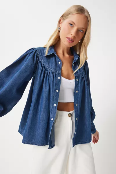Women's Dark Blue Balloon Sleeve Denim Shirt 