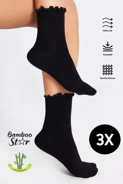 Bambu Dames Zwarte Ruffle Zonder Elastiek Naadloze Dames Sok 3-pack Zwart / Laat Geen Sporen Achter / Niet strakke Sokken