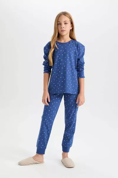 Girls' Pajama Set, Patterned Long-Sleeve Top with Elastic Waist Long Bottom WN