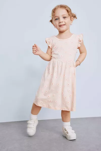 فستان قصير الأكمام بنقشة الزهور للبنات حديثي الولادة SM