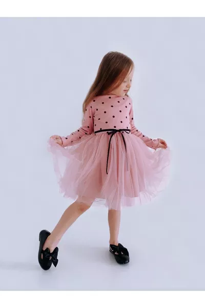 فستان ليندا للفتيات بأكمام طويلة، قصّة أميرة، منفوخ، منقط، مطاطي، ليكرا، باللون وردي باهت، بتول