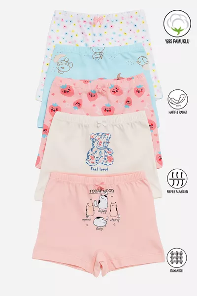 أوزكان  طقم من 5 قطع شورت بوكسر للبنات بألوان ونقوش متنوعة من القطن الناعم والمريح