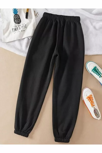 بنطال رياضي للجنسين بخصر مرتفع مطاطي، بحواف وأكياس، بخيوط مزدوجة مبطنة بالشاردون