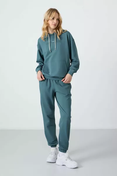 Forest Green Hooded Kangaroo Pocket Oversized Sweatpants Set with Elastic Cuffs for Women - 