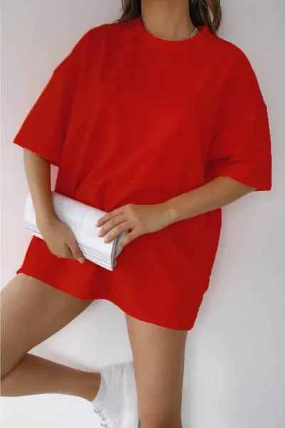 J Feuerrot Unisex Baumwolle Rundhalsausschnitt Boyfriend Strick Oversize T-Shirt