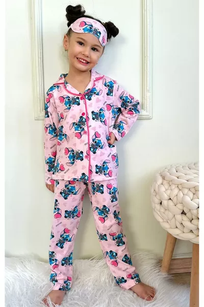 Girls' Pink Long-Sleeve Pajama Set with Stitch Pattern