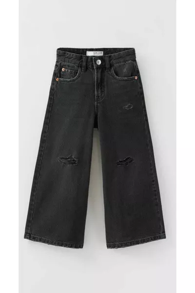 Girls Black Ripped Detail Loose Fit Wide Leg Jeans