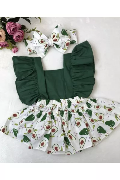 Ensemble barboteuse à volants et bandana pour bébé fille motif avocat vert