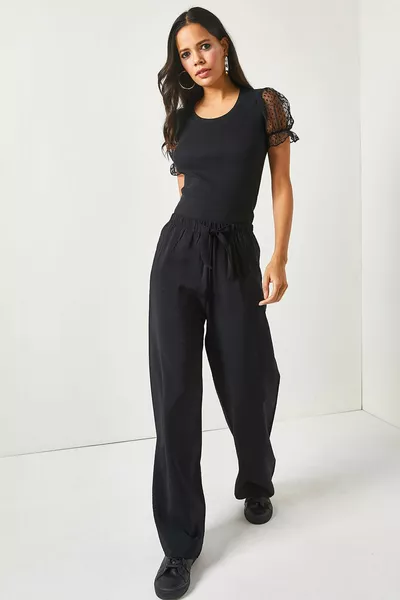 Pantaloni Palazzo Ayrobin da Donna con Cintura Elastica e Cintura a Nero 