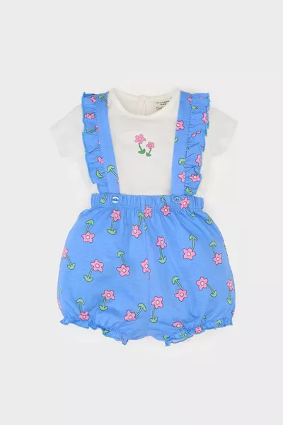 Mädchen Baby 2-teiliges Set Blumiges Baumwoll-Kurzarm-T-Shirt mit Latzhose SM