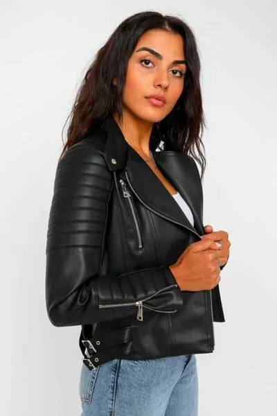 Zwart leren jack met rechterkraag voor dames