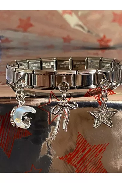 Moon & Star & Ribbon Figure Triple Steel Italian Charm Bracelet