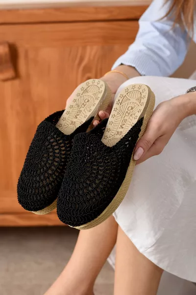 Samira Damenhausschuhe aus gestricktem Stoff mit Stickerei, komfortabel für den täglichen Gebrauch, Bast, ideal für Urlaub und Mitgift