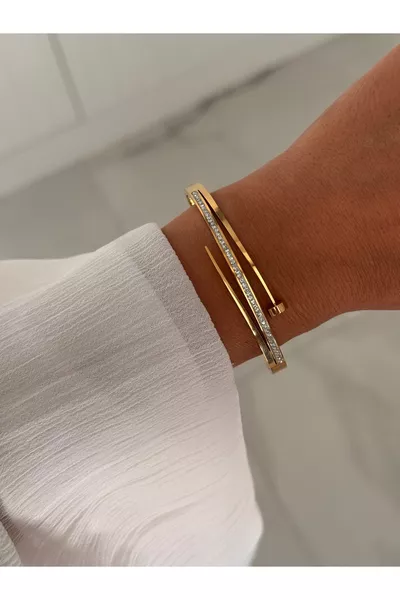 Браслет-манжета с гвоздями из нержавеющей стали с золотыми камнями