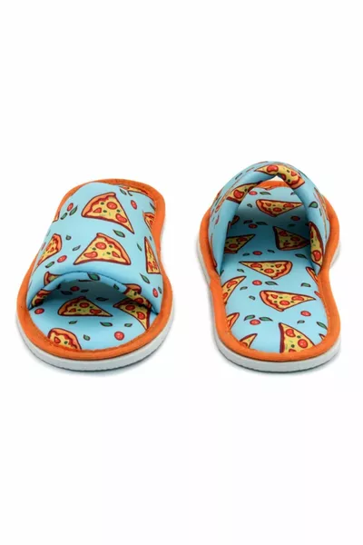 Унисекс сини домашни чехли с мотив пица, отворени отпред и с мека подметка