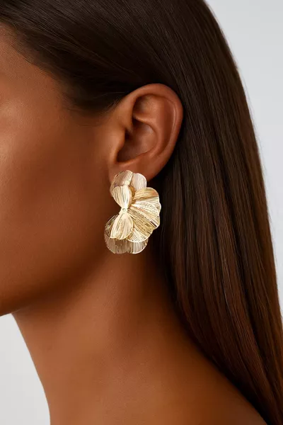 Flower Petal and Textured Steel Earrings Gold Plated