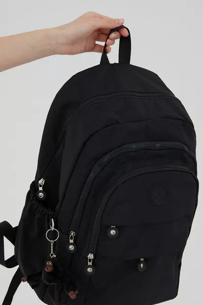 Zaino da viaggio nero unisex in tessuto krinkle resistente all'acqua, grande con molte tasche, per liceo, scuola media e università