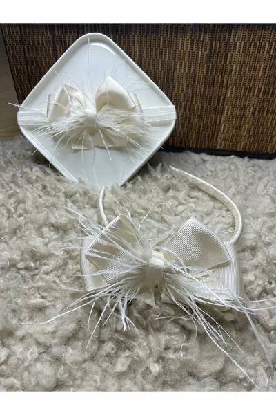 Ecru Furry Bow Mother and Baby Maternity Crown Set (PREGNANCY CROWN) – Crown – Crown