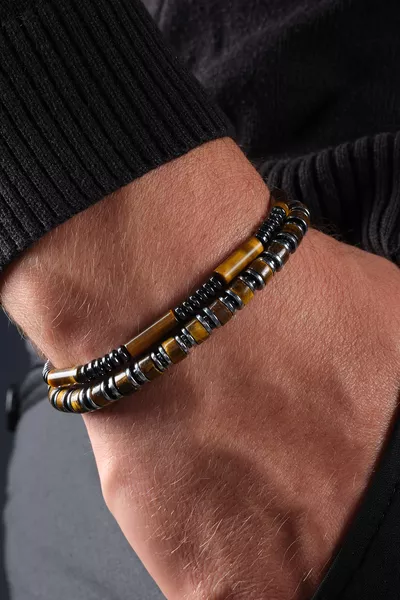 Certified Tiger's Eye and Hematite Combination Natural Stone Gift Men's Bracelet