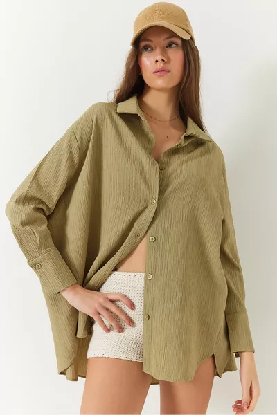 Camicia Donna Spalle Scese Oversize Basic in Tessuto Frisé  