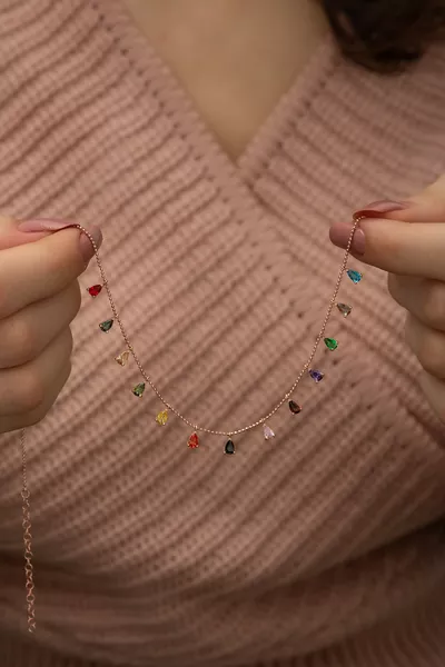  Sterling Silver Women's Necklace with Sequential Droplet Mixed Stones