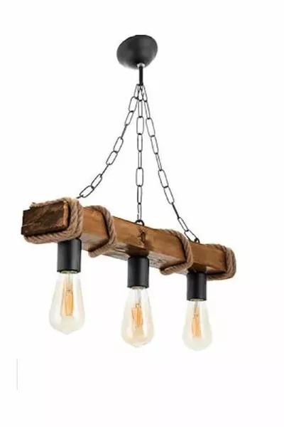 Автентична дървена естествена тройна лампа с въже (тъмен цвят). 