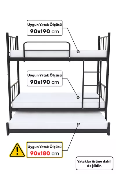 Tekno Loft Bunk Bed Compatible with Mattress, 3-Person Black Metal Bunk Bed