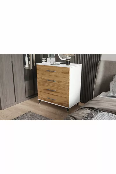 خزانة بأربعة أدراج (أبيض لامع + عود)