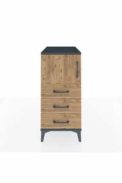 Kronos Nachtkastje met Enkele Plank, 3 Laden en 1 Deurtje, Antraciet-dennen