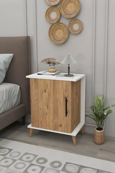 Светъл нощен шкаф с чекмедже и гардероб с една врата и 2 рафта за спалня - Бор