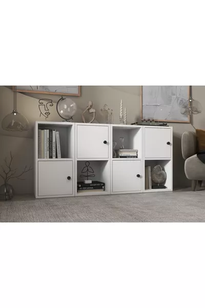 Dört Kapaklı Raflı Beyaz Şifonyer Çıtasız -ç