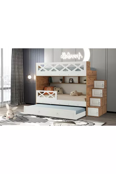 Mars Ranza / Dennenwit / 3 Slaapgedeeltes en Trap met Kast / % MDF