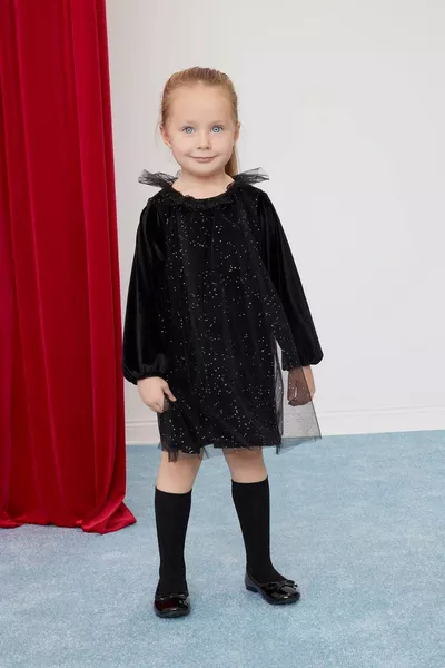 Kız Bebek Puantiye Uzun Kollu Kadife Elbise WN