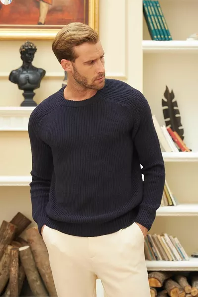 Bisiklet Yaka Selanik Örgü Pamuklu Erkek Lacivert Triko Kazak