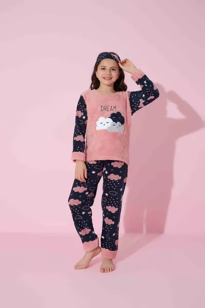 Girl Teen and Child Cloud Pattern Long Sleeve Fleece Plush Fabric Winter Warm Pajama Set