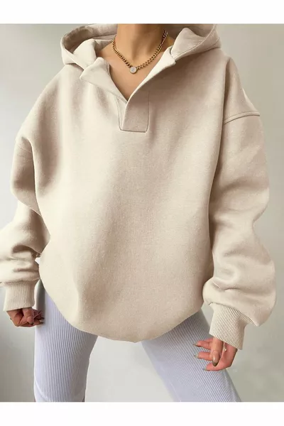 Sweat-shirt oversize unisexe à capuche et col en V avec manches imprimées