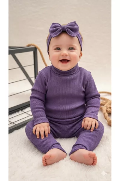 Lila Baby Leggings, Bluse und Stirnband Set