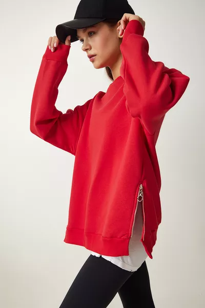 Damen Sweatshirt aus angerautem Strick mit rotem Reißverschlussdetail 