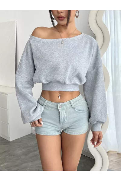 Grijs Oversized Dazy Dames Effen Kleur Asymmetrische Hals Lange Mouwen Korte Sweater