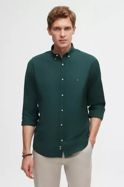قميص Ds Damat ضيق القصة باللون الأخضر، ياقة بأزرار، سهل الكي، من القطن مع تفاصيل تطريز