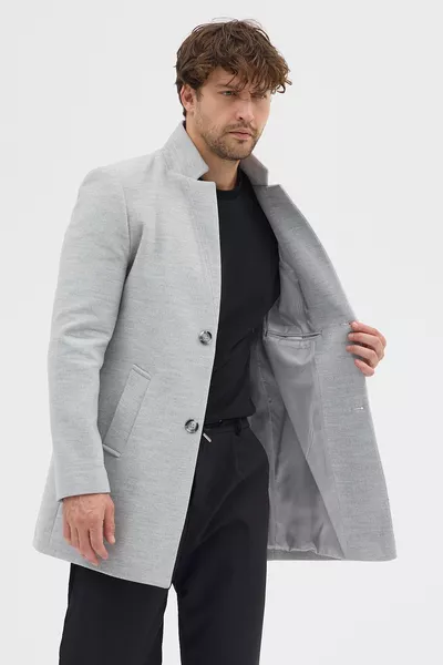 معطف من صوف رمادي ضيق بقبة عالية رجالي