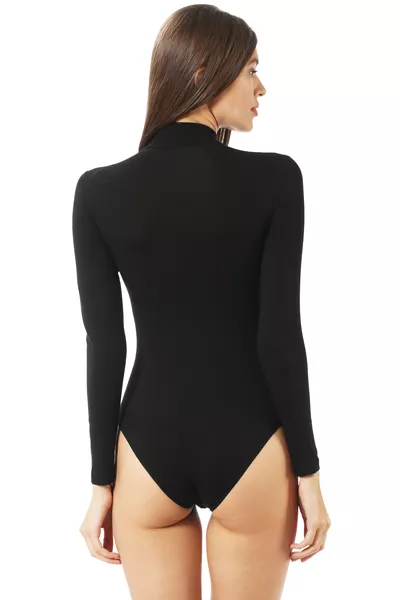 Özkan  Kadın Penye Likralı Pamuklu Balıkçı Dik Yaka Uzun Kollu Kancalı Çıtçıtlı Örme Body