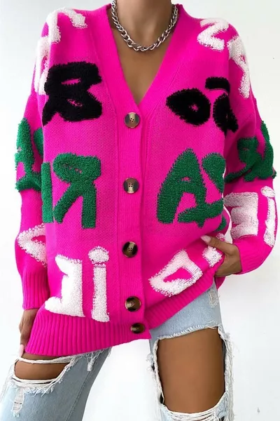 Desenli Düğme Detaylı Triko Hırka