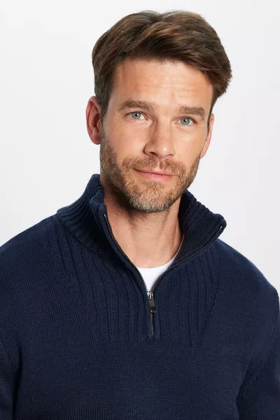 كنزة رجالي ضيقة التصميم بقصة رقيقة برقبة عالية وسحاب باللون الكحلي